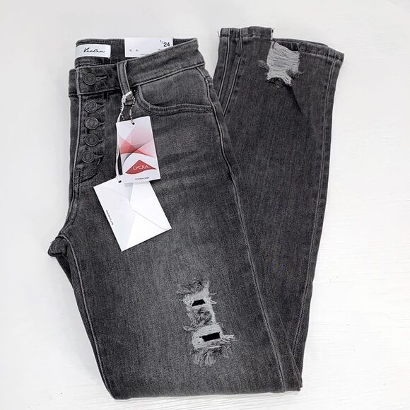 KanCan Strait Fit High Rise Skinny Distressed Button Fly Jeans Charcoal Wash - Picture 3 of 15